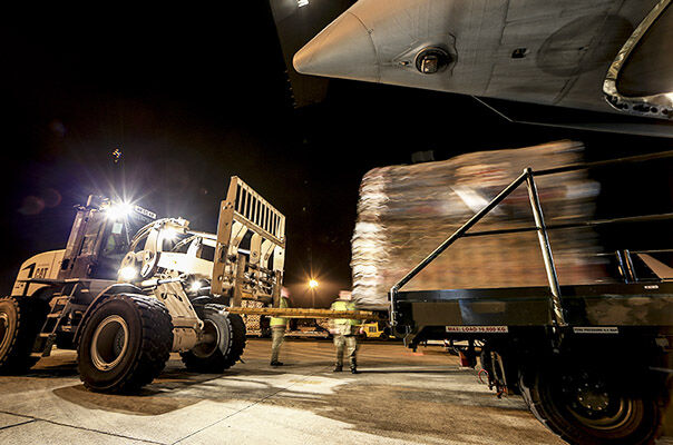 Operation Pennyweight – A C17 Globemaster at RAF Brize Norton is loaded up with aid to take to cyclone-hit Vanuatu in March 2015. Crown Copyright 2015.