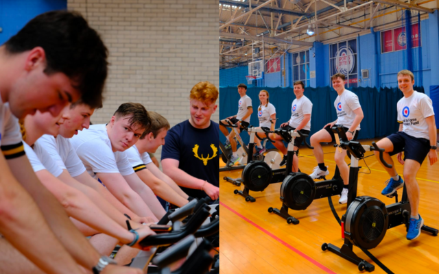 Team cycling on bike machines