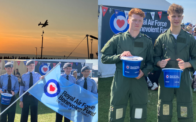 Lancaster bomber in flight and Uni squadron volunteers