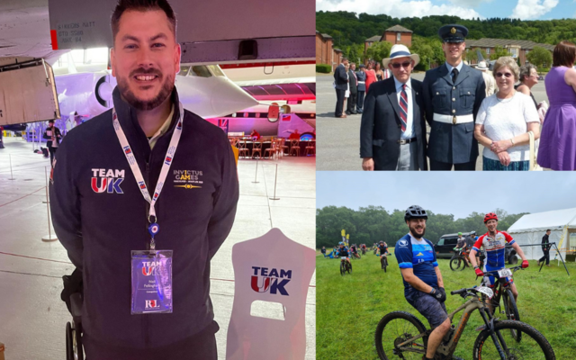 3 pics - Neil Fellingham in Team UK kit, with parents in uniform and on bike