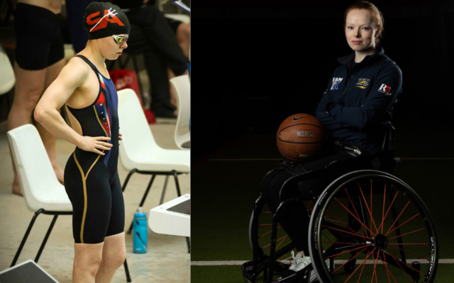 Sam in swim kit and sam in wheelchair holding basketball