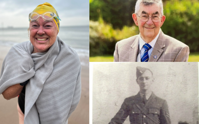 L-R Helen in towel and swimming cap, dad Peter, grandad William