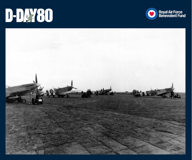 Supermarine Spitfires IXs of 144 (Canadian) Wing, the first RAF Wing to fly into France post-D-Day, at readiness on the advanced landing ground at B3/Ste-Croix-sur-Mer, Normandy, 10 June 1944. The second aircraft from the left is coded "2I-N" of 443 Squadron RCAF.