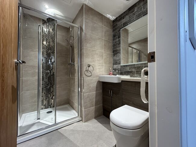 bathroom with toilet, sink and shower