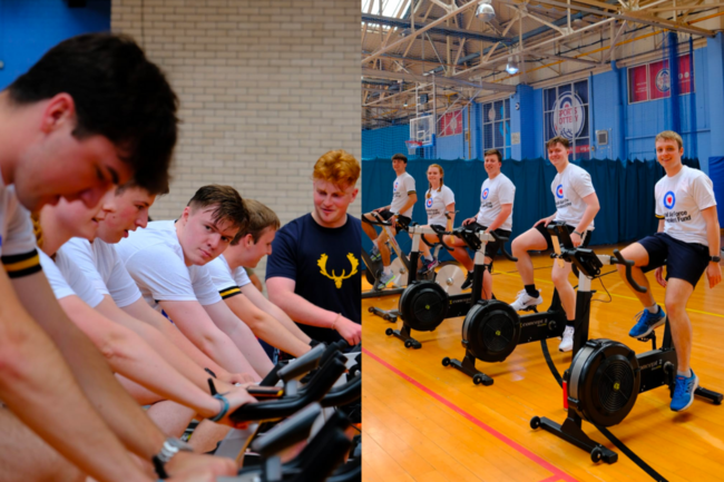 Team cycling on bike machines