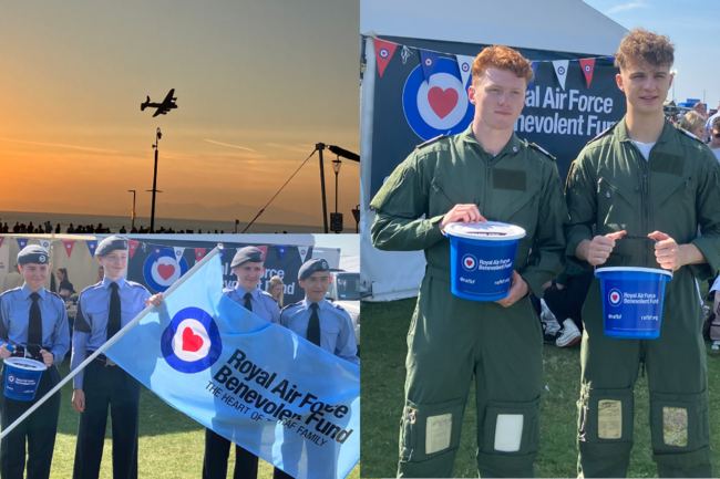 Lancaster bomber in flight and Uni squadron volunteers