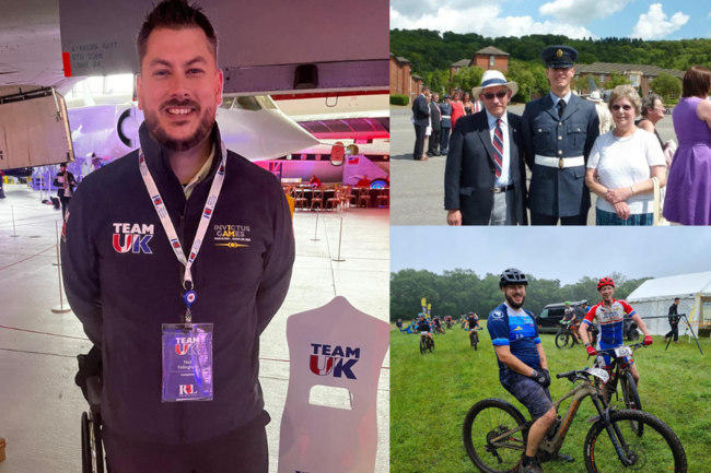 3 pics - Neil Fellingham in Team UK kit, with parents in uniform and on bike