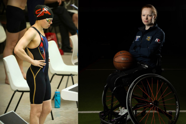 Sam in swim kit and sam in wheelchair holding basketball