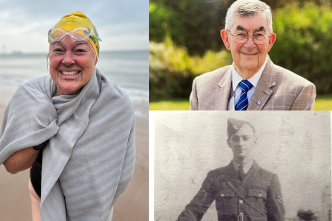 L-R Helen in towel and swimming cap, dad Peter, grandad William