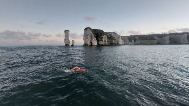 Helen swimming past Dover cliffs